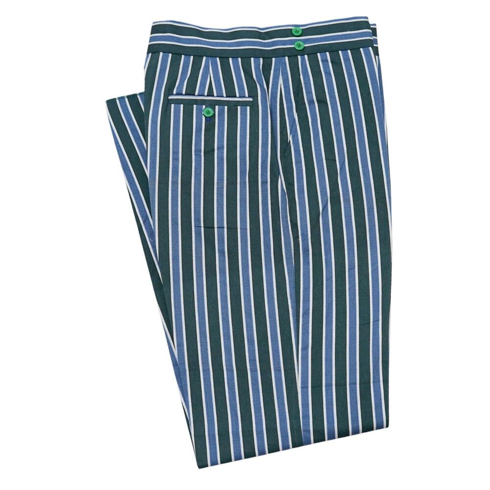 Mens 32 Gurkha Pants Blue Green Stripe Cotton High Waist Flat Front Trousers